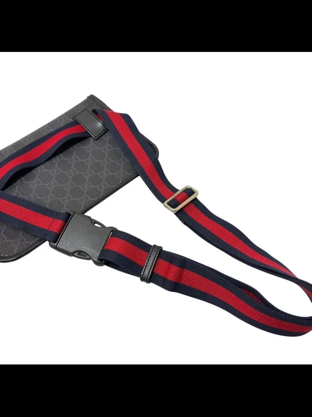 Gucci Black GG Supreme Canvas Belt Bag with Red and Blue Web Strap